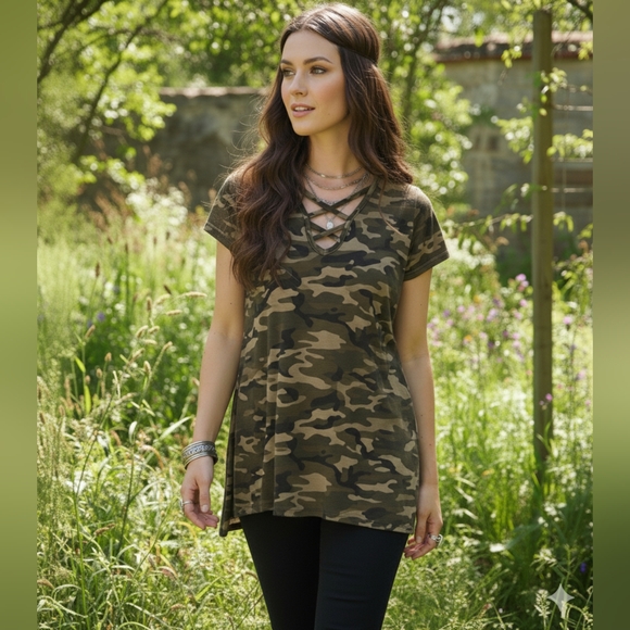 🌿Lucky & Blessed Women's Camo Cross Strap 3.4 Sleeves Tunic-Soft and Adorable! - Picture 7 of 10
